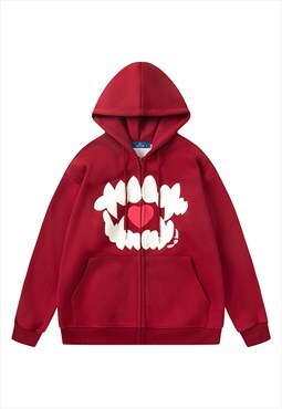 Fang patch hoodie teeth print pullover vampire jumper in red