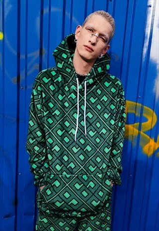 69 PRINT HOODIE CRUSHED VELVET RETRO LOGO PULLOVER IN GREEN