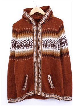 Vintage Knitted Hoodie Brown Zip Up With Aztec Patterns 