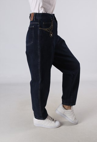 VINTAGE HIGH WAISTED DENIM JEANS WIDE TAPERED UK 12 (GA5F)