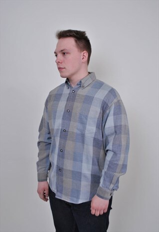 VINTAGE GREY GRUNGE SHIRT, 90S LONG SLEEVE PLAID SHIRT