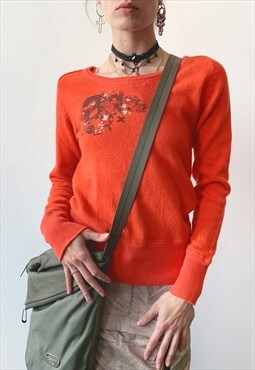 Vintage Y2K 00's Orange Emo Punk Graphic Pullover Sweater