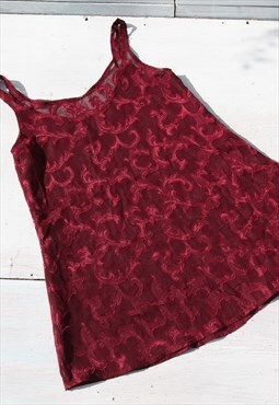 Vintage handmade burgundy red jacquard brocade sheer top