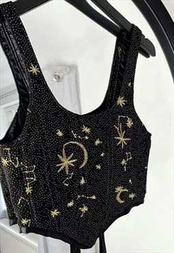 Handmade Glimmering gold star and moon tulle black corset