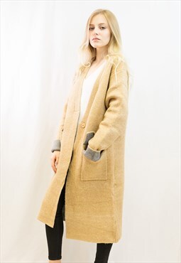 Oversized Long Line Wool Blend Coat with Pockets in Beige