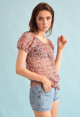 90'S RETRO FLORAL PRINT SHEER BOHO FESTIVAL TOP
