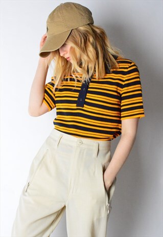 VINTAGE 70S ORANGE NAVY BLUE STRIPED POLO TOP