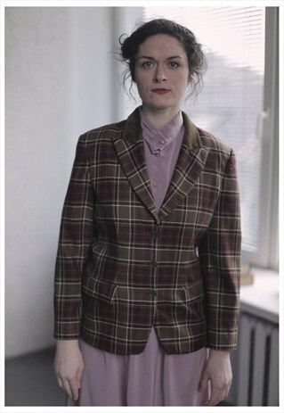 VINTAGE 80'S BROWN TARTAN LANA WOOL BLAZER JACKET