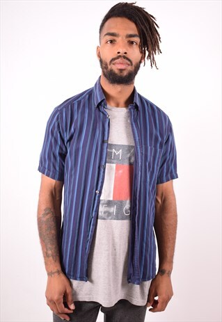 YVES SAINT LAURENT MENS VINTAGE SHIRT MEDIUM NAVY BLUE 90S
