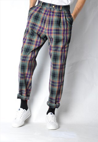 VINTAGE 80S UNISEX COLOURFUL PURPLE GOLF CHECK WOOL PANTS