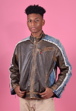 BROWN AND BLUE DIESEL LEATHER LOOK AND DENIM JACKET