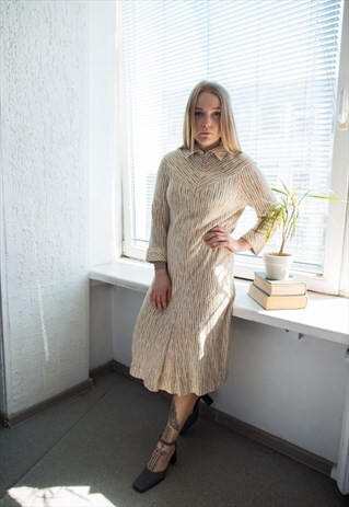 VINTAGE 70'S CREAM/BROWN PATTERNED MIDI WOOL DRESS