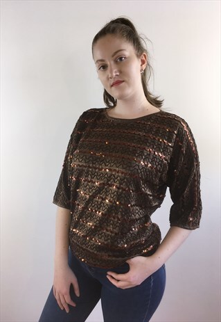 WOMENS VINTAGE 80S TOP BROWN SEQUIN SPARKLY BATWING SHIRT