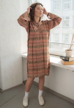 Vintage 70's Brown Patterned Long Sleeved Tunic Style Dress