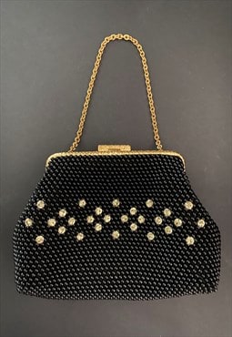 Vintage 60's Mini Bag Black Beaded Diamante Gold Clasp