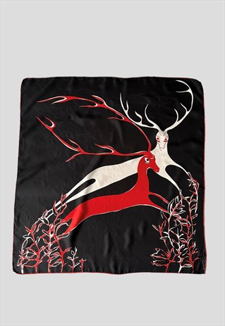 70's Vintage Black Reindeer Red White Scarf