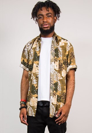 90'S VINTAGE KHAKI GREEN HAWAIIAN SHORT SLEEVE SHIRT