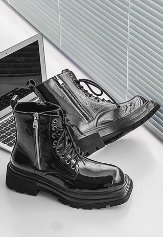 Shiny rubber boots square toe tractor platform shoes black
