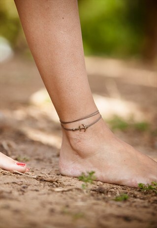 ANCHOR ANKLET, BROWN NAUTICAL WRAP ANKLET WITH BRONZE CHARM