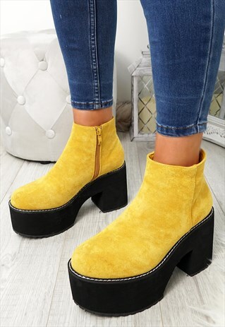 WOMENS YELLOW ZIP ANKLE BOOTS BLOCK HEEL PLATFORM SHOES