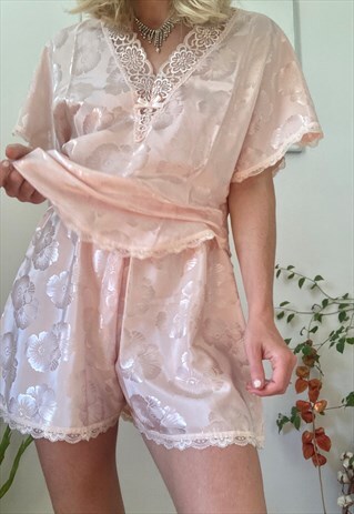 REVIVAL SOFT PINK LACE SILKY SATIN PJ SET LOUNGEWEAR CUTE