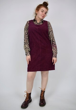 VINTAGE BURGUNDY CORDUROY PINAFORE DRESS WITH POCKETS