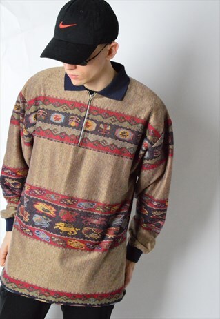 VINTAGE 90S KHAKI AZTEC LIGHTWEIGHT 1/4 ZIPPER SWEATSHIRT