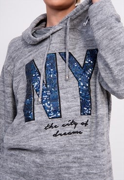 JUSTYOUROUTFIT Soft Sequinned NY Hooded Sweatshirt Grey