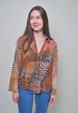 90s leopard blouse, animal print shirt women vintage pattern