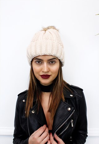 BEIGE CHUNKY KNIT FAUX FUR POM POM BEANIE HAT