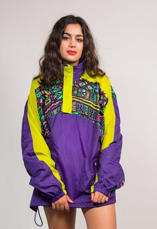 90'S VTG PURPLE CRAZY PATTERN QUARTER ZIP FESTIVAL CAGOULE