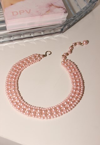 VINTAGE 60S BABY PINK FAUX PEARL BEADED CHOKER NECKLACE