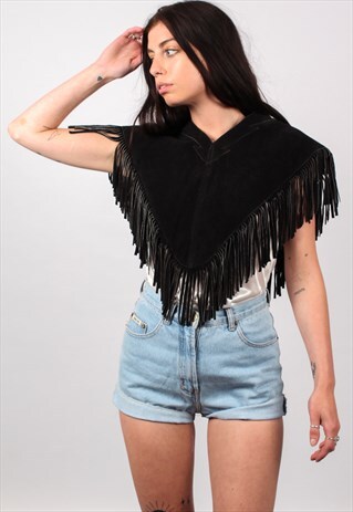 VINTAGE SUEDE TASSEL FESTIVAL SHRUG PONCHO BIB ASM2409