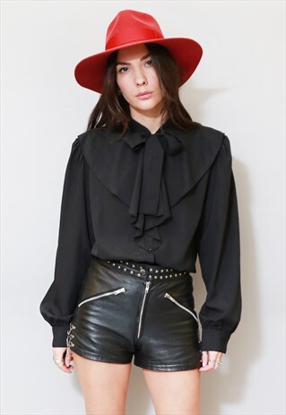 VINTAGE 1970'S BLACK PUSSY BOW BLOUSE