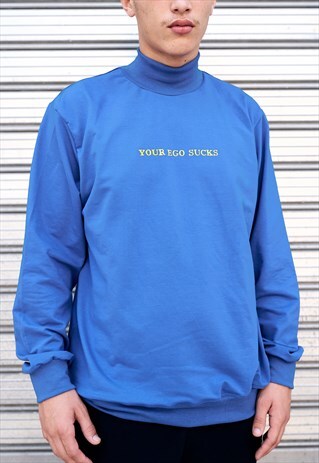 HANDMADE SWEATSHIRT IN BLUE WITH MOCKNECK AND EMBROIDERED