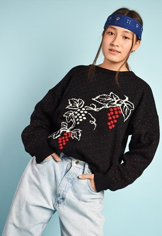 VINTAGE 90'S RETRO SLOUCHY GRAPE PATTERN KNIT JUMPER