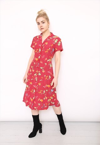 VINTAGE 90S RED FLORAL PRINT MIDI DRESS