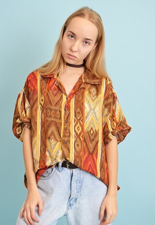 90'S RETRO AZTEC PATTERN OVERSIZED SHIRT BLOUSE TOP