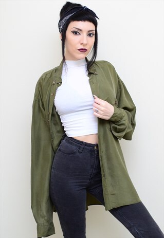 VINTAGE 90'S GENUINE SILK OLIVE GREEN OVERSIZED SHIRT