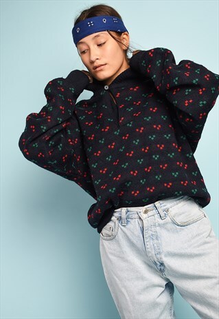 VINTAGE 80S OVERSIZED CHERRY GRAPHIC PATTERN KNIT JUMPER