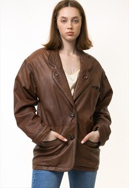 80s Vintage Brown Woman Leather Jacket Bomber 5534