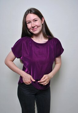 Minimalist velvet top, 90's purple tee shirt - MEDIUM size