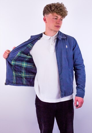 VINTAGE RALPH LAUREN CHECK LINED HARRINGTON JACKET IN BLUE