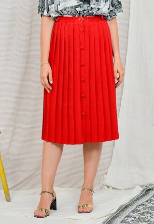 RED SKIRT PLEATED VINTAGE 90S BUTTON UP DOWN WOMEN L/XL