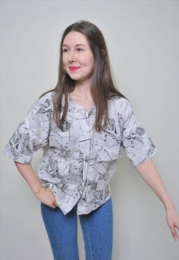 Women abstract shirt, vintage pattern psychedelic blouse