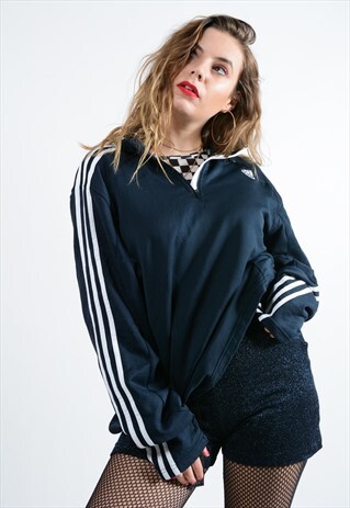 VINTAGE ADIDAS OVERSIZED 1/4 ZIP TRACK TOP NAVY WITH LOGO