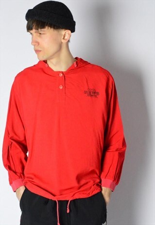 VINTAGE 80S RED GRAPHIC COOL NEWS HOODED LIGHTWEIGHT SHIRT
