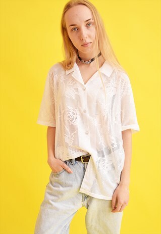 90'S RETRO NEUTRAL SHEER LACE OVERSIZED MOMS BLOUSE TOP