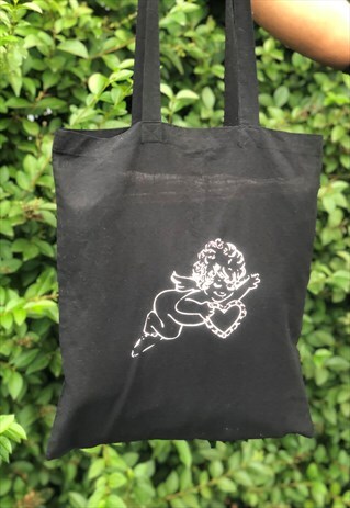 CUPID PRINT BLACK COTTON SHOPPING TOTE BAG