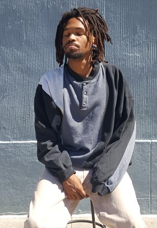 90S SKATER SURFER COLOR BLOCK HENLEY SWEATSHIRT XXL